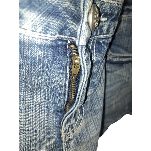 Y2K Sound Girl Distressed Embroidered Raw Hem BoHo Edgy Blue Jean Shorts 13 - Picture 6 of 8